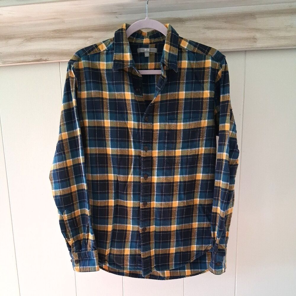 Uniqlo Flannel Button Up Shirt Mens Small Blue Yellow Plaid Long Sleeve Cotton